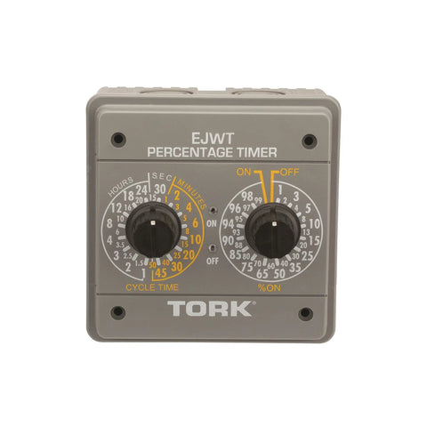 Front view of EJWT Tork Percentage Timer Switch For 120 To 240 VAC Input, SPDT Output, with dual dial controls for timing and automation.