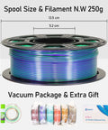 Two Tone Silk PLA Filament Bundle 1.75mm 250g Each Six Spools Coextruded Metallic Silk Finish For 3D Printing Includes Black Red Purple Green Blue Green Red Gold Gold Copper Black Orange.