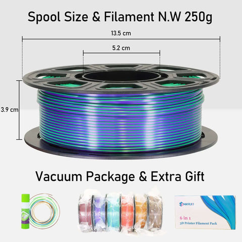 Two Tone Silk PLA Filament Bundle 1.75mm 250g Each Six Spools Coextruded Metallic Silk Finish For 3D Printing Includes Black Red Purple Green Blue Green Red Gold Gold Copper Black Orange.