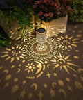 2 Pack Outdoor Solar Lanterns With Hanging Lights Waterproof Metal Sun Moon Star Pattern In Gold Finish illuminating patio