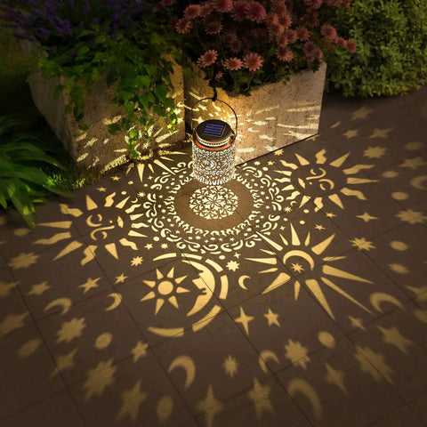 2 Pack Outdoor Solar Lanterns With Hanging Lights Waterproof Metal Sun Moon Star Pattern In Gold Finish illuminating patio