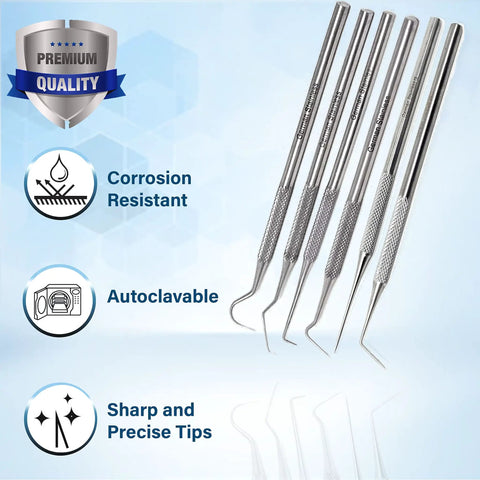 Six Piece Stainless Steel Precision Micro Probe Kit With 5.5 Inch Overall Length, corrosion resistant, autoclavable probes.