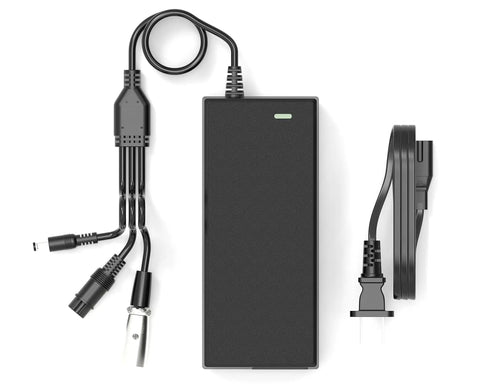 54.6V 2A Universal Ebike And Scooter Charger With Three Plugs For 48V Batteries shown with multiple connectors