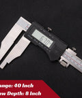 Built Tough Heavy Duty 40 Inch Digital Caliper With Extended Long Jaw For Deep Reach And Spot On Id Or Od Measurements In Metric And Imperial Units Featuring A Snappy Lcd Display showing measurement of 6.70 mm.