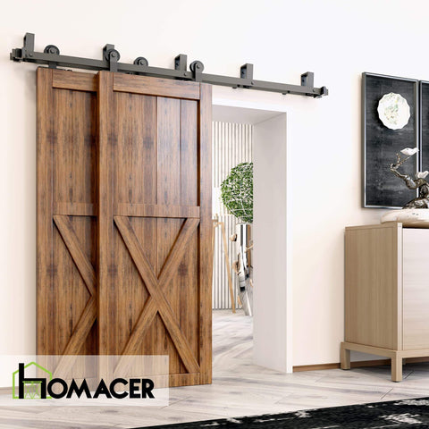 Black Rustic Double Track U Shape Bypass Sliding Barn Door Hardware Kit For Two Doors 6.6ft Long with T Shape Rollers installed