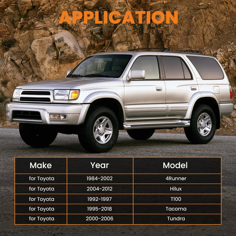 Silver Toyota SUV in 3/4 front view with orange APPLICATION header and model-year table below.