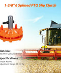 Heavy Duty PTO Slip Clutch For Tractors With 1 3/8 Inch Spline Shaft and adjustable spring tension, 20CrMnTi steel construction.