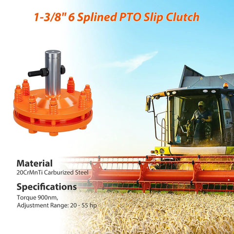 Heavy Duty PTO Slip Clutch For Tractors With 1 3/8 Inch Spline Shaft and adjustable spring tension, 20CrMnTi steel construction.