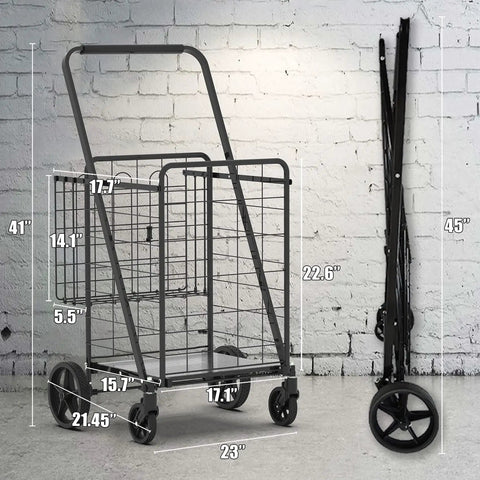 Heavy Duty Folding Grocery Cart With Jumbo Capacity And Waterproof Bag 360 Degree Swivel Wheels shown open and folded