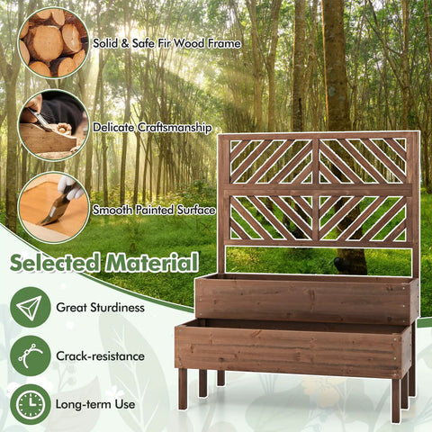 Raised Garden Bed With Trellis And Two Planter Boxes 2 Tier Outdoor Wooden Elevated Planter Box With Legs And Drainage Holes Built To Last From Durable Fir Wood For Flowers Herbs Vegetables And Fruits Brown, showcasing solid fir wood and craftsmanship details.