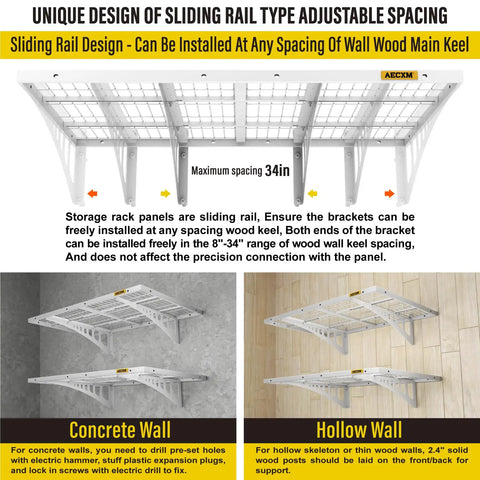 Two Pack Tough As Nails Garage Wall Mounted Shelving Unit 24x36 Inches 2x3ft Sliding Rail Design White With 560 Lb Total Load Capacity on various wall types.