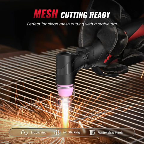 Dual Voltage 50A Pilot Arc Plasma Cutter With LED Display And Air Sensor, cutting metal mesh, sparks visible, black handle.