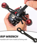 8 In 1 Fishing Reel Repair Kit With Bearing Puller Magnetic Screwdriver Wrench Tweezers Cleaning Brush Bearing Removal Pin Punch And Complete Reel Care Set For Spinning And Baitcasting Reels DIY Reel Maintenance At Home Or On The Water with wrench and reel.