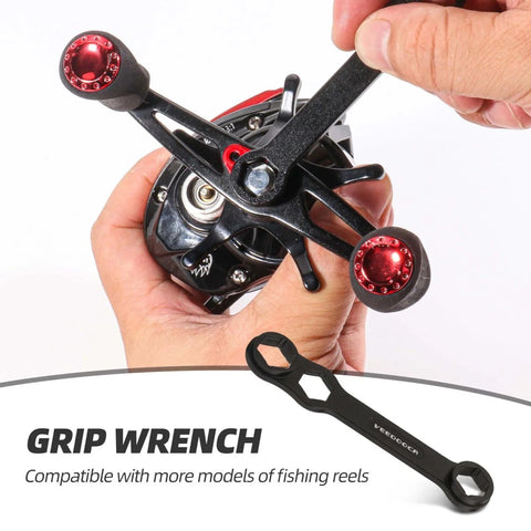 8 In 1 Fishing Reel Repair Kit With Bearing Puller Magnetic Screwdriver Wrench Tweezers Cleaning Brush Bearing Removal Pin Punch And Complete Reel Care Set For Spinning And Baitcasting Reels DIY Reel Maintenance At Home Or On The Water with wrench and reel.