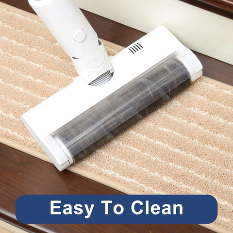Vacuum cleaner on Soft Edging Stair Treads Non Slip Carpet Mats For Indoor Wooden Steps 28x9 Inch Stair Runners Set Kid And Dog Friendly With 100 Percent Polyester And TPE Backing Beige 10 Pcs