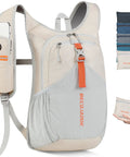 Ultralight 15L Daypack For Travel And Outdoors, beige foldable backpack with phone pocket and side pouch, mesh straps visible