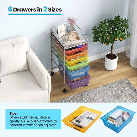 6 Drawer Rolling Storage Cart For Tools, Scrapbook Paper, Crafts, Home Office, And School Supplies in multicolor beside sofa