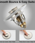 Brushed Nickel Pop Up Sink Stopper With Anti Clogging Strainer For 1.1 To 1.5 Inch Bathroom Drains, Bullet Core Push Type