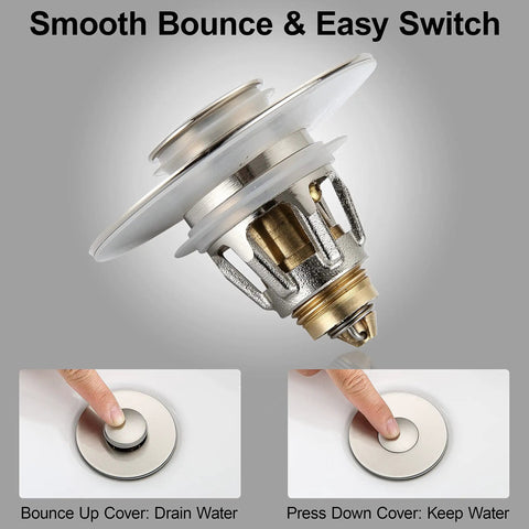 Brushed Nickel Pop Up Sink Stopper With Anti Clogging Strainer For 1.1 To 1.5 Inch Bathroom Drains, Bullet Core Push Type