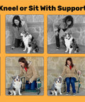 Woman using Dog Grooming And Bath Bench For Sit Or Kneel Comfort, Foldable Portable Pet Grooming Bench with Cushioned Seat