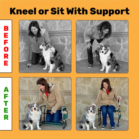 Woman using Dog Grooming And Bath Bench For Sit Or Kneel Comfort, Foldable Portable Pet Grooming Bench with Cushioned Seat