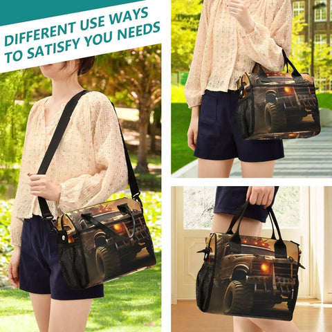Model with Desert Monster Insulated Lunch Bag Cooler With Detachable Shoulder Strap outdoors, showcasing tote versatility.