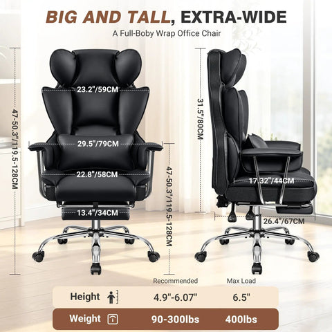 Big And Tall Leather Office Chair With Footrest For All Day Comfy Support, High Back Ergonomic Wide Desk Chair, front and side view