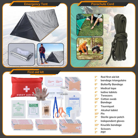 Survival kit with emergency tent, paracord rope, and red first-aid pouch; front view.