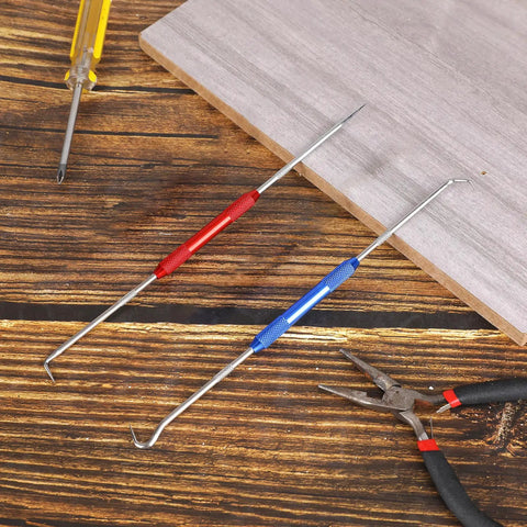 Hella Tough Dual End Metal Scribe Set With Straight Hook And Angled Picks four tip marking tools on wooden surface.