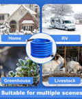 Front view of blue heated water hose coiled with 3/4 inch NH fittings.