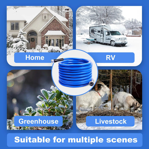 Front view of blue heated water hose coiled with 3/4 inch NH fittings.