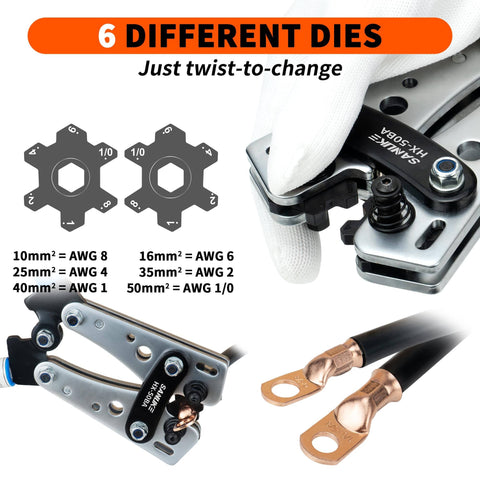 Heavy Duty Battery Cable Crimp Tool Kit Go To Eight To One Aught AWG Cables With Twelve Copper Lugs Three Eighths Inch Size Three To One Heat Shrink Tubing Ideal For RV Marine And DIY Wiring Projects close-up of crimp dies and copper lugs