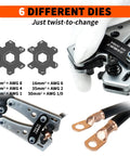 Battery Cable Crimping Tool Kit With AWG 8 To 1 0 Lug Crimper showing rotating dies and copper ring terminals