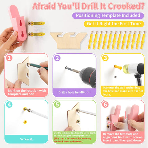 Instructions for mounting Gotta Love These Sweet Wall Hooks For Backpacks And Kids Rooms Six Pack Dreamy Rainbow Macaron Colors.