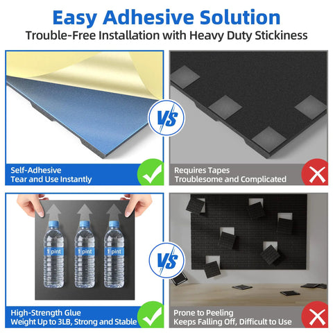 Comparison of installation methods for Premium 20 Pack Peel And Stick Acoustic Panels With High Density Soundproof Foam Tiles.