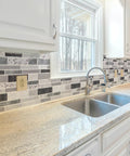 Modern kitchen with Peel And Stick Backsplash Tiles 12x12 Brown Stone Design 10 Sheets Waterproof And Heat Resistant Kitchen Wall Tile Stickers.