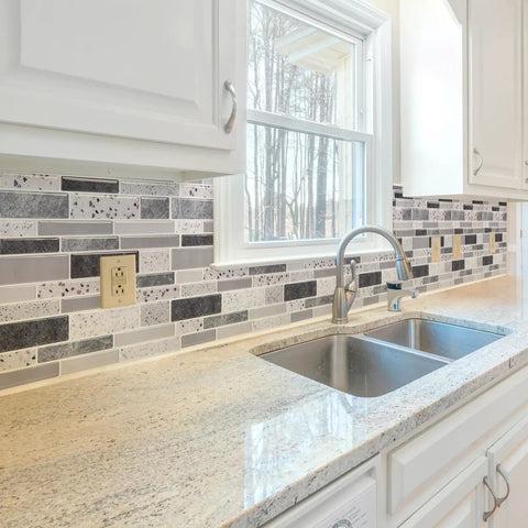 Modern kitchen with Peel And Stick Backsplash Tiles 12x12 Brown Stone Design 10 Sheets Waterproof And Heat Resistant Kitchen Wall Tile Stickers.