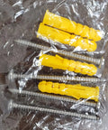 Top Shelf EV Charger Cord Retractor installation hardware, yellow wall anchors and silver screws for secure mounting.