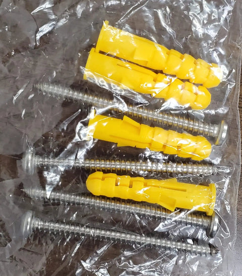 Top Shelf EV Charger Cord Retractor installation hardware, yellow wall anchors and silver screws for secure mounting.