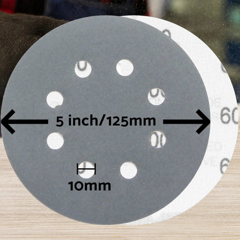 5 Inch Wet Dry Sanding Discs Hook And Loop 60 Pcs Silicon Carbide Grit 400 600 800 1000 1500 2000 For Automotive Wood Metal With Tack Cloth Orbital Sander Sandpaper Kit showing disc dimensions