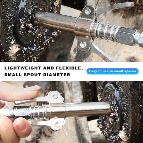 NYTKL grease gun coupler with dual handles and quick-release lever, chrome-plated steel.