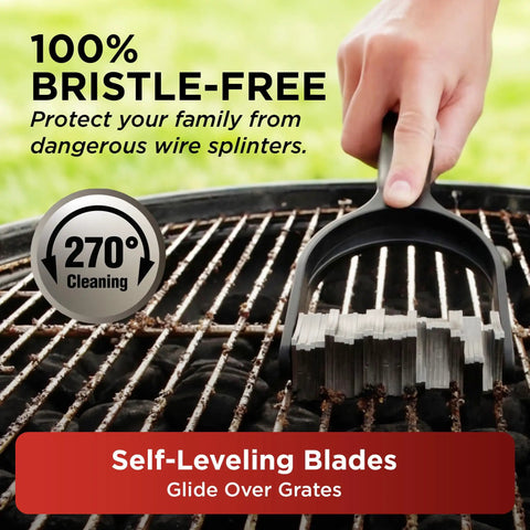 Bristle Free Grill Cleaner For Outdoor Grills Heavy Duty BBQ Scrubber With Stainless Steel Blades in use on a grill grate.