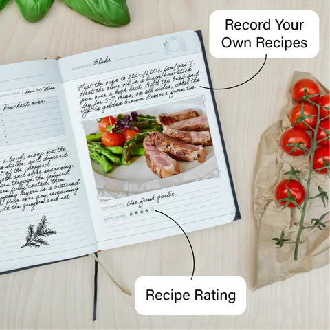 Premium Hardcover Blank Recipe Book For Your Own Creations A DIY Family Cookbook open with written recipe and photo