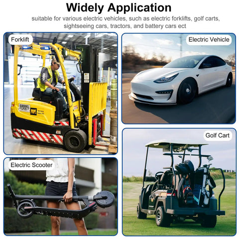 Image showing various electric vehicles including forklift, electric car, golf cart, and electric scooter using 2 Pc 50A Battery Quick Connector Cables 1.64ft 8Awg.
