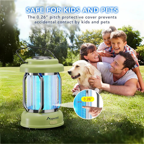 2 In 1 Bug Zapper And LED Lantern With IPX4 Weatherproofing Mosquito Killer Type C Charging Cordless Indoor And Outdoor Light For Camping Patio And Garden Green on grass with family playing nearby