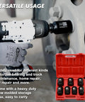 One Half Inch Drive Deep Spindle Axle Nut Impact Socket Set CrMo Six Point For One And Three Eighths To One And Three Quarters Inch Axles Extra Deep For Longer Fasteners Built For Impact Wrenches Seven Piece shown with wrench in action and storage case inset