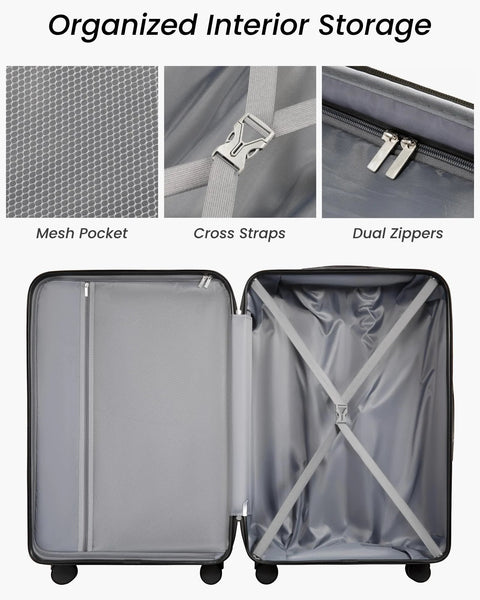 YOETEY 5-piece hardside luggage set with wheels; TSA approved, white-brown, open interior with cross straps.
