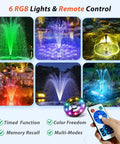 All In One Pond Filter Kit With UV Clarifier And 660GPH Submersible Pump RGB LED Lights Remote showcasing six fountain modes