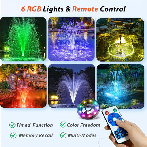 All In One Pond Filter Kit With UV Clarifier And 660GPH Submersible Pump RGB LED Lights Remote showcasing six fountain modes