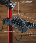 Universal Bike Repair Stand Tool Tray With 27 Tool Slots, Magnetic Parts Tray, Phone Holder and Accessory Hooks on stand